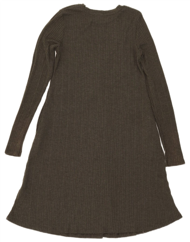 Vestido feminino Marks & Spencer manga comprida evasê Reino Unido 8 pequeno poliéster cáqui