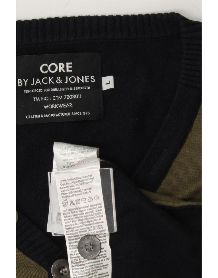 JACK & JONES Mens V-Neck Jumper Sweater Large Black Colourblock Cotton Vintage Jack & Jones and Second-Hand Jack & Jones from Messina Hembry 