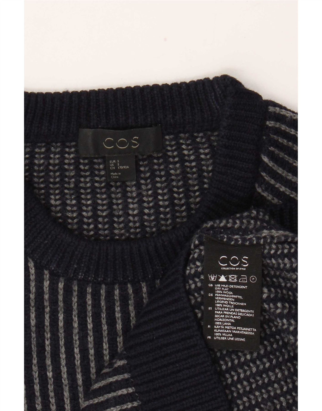 Suéter masculino Cos com gola redonda e lã listrada azul marinho pequena