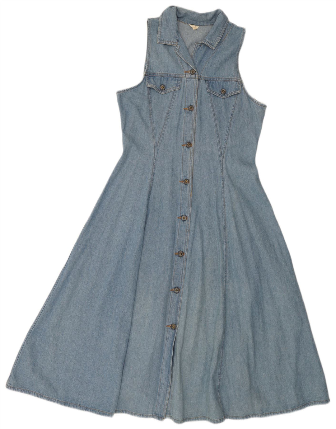 Vestido jeans feminino sem mangas VINTAGE Reino Unido 14 algodão azul médio