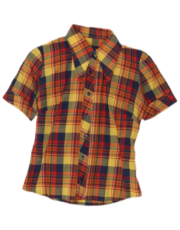 Camisa feminina VINTAGE de manga curta UK 10 pequena xadrez multicolorida