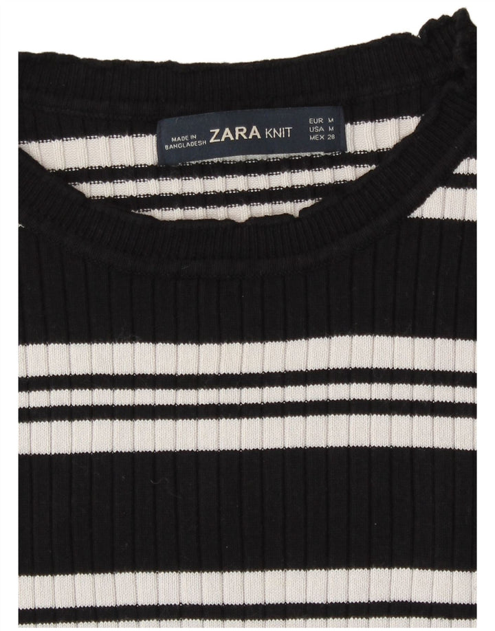 Zara Womens Crop Top Manga Longa Reino Unido 12 Médio Preto Listrado