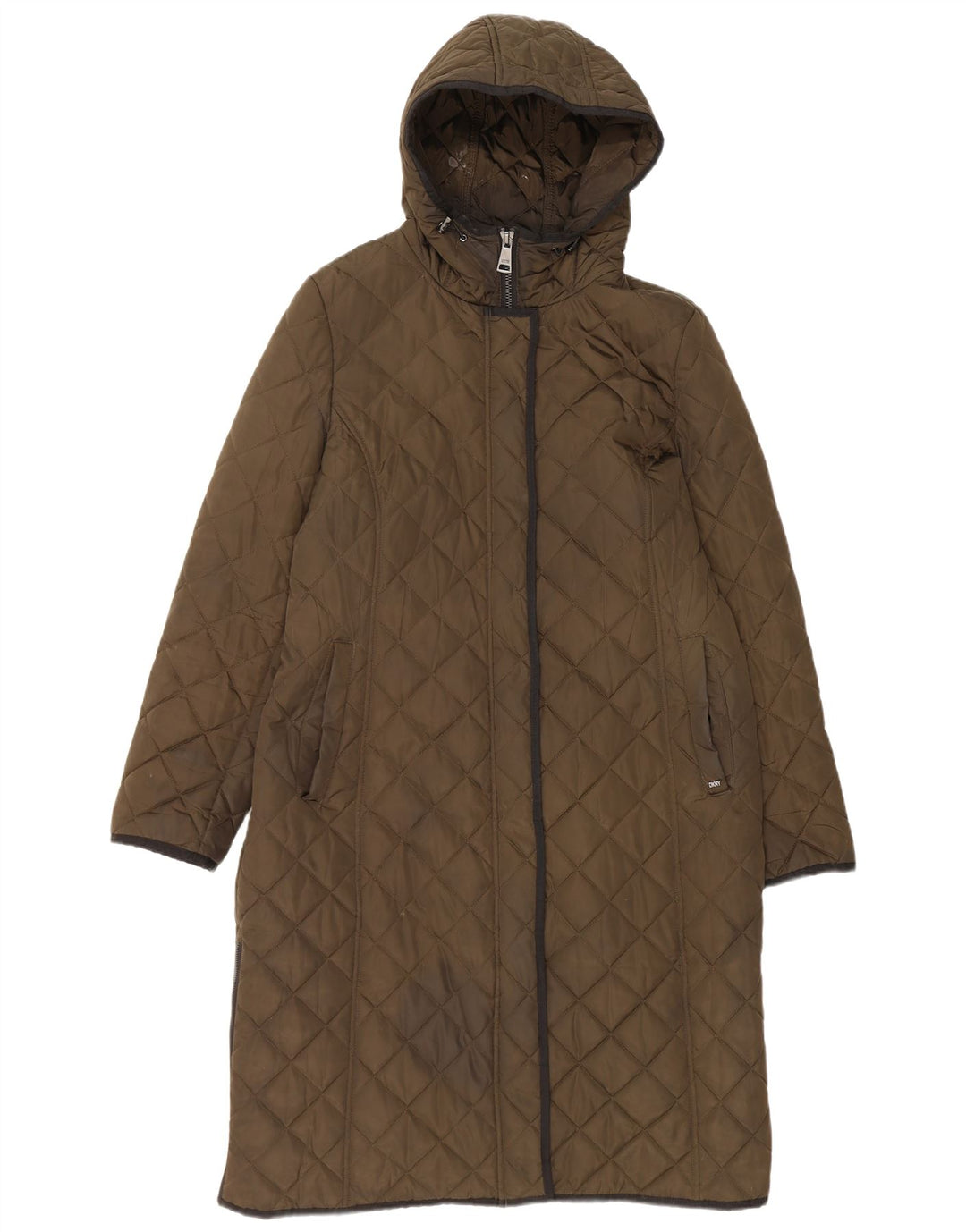 Sobretudo acolchoado com capuz feminino Dkny UK 16 grande poliéster cáqui