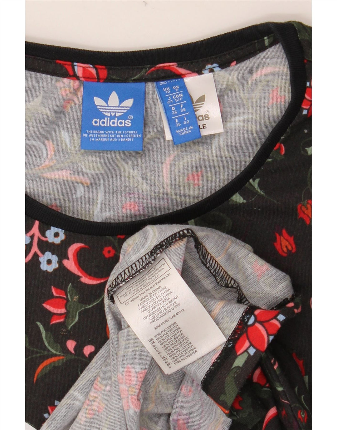 ADIDAS Womens Graphic T-Shirt Top UK 10 Pequeno Preto Floral Poliéster
