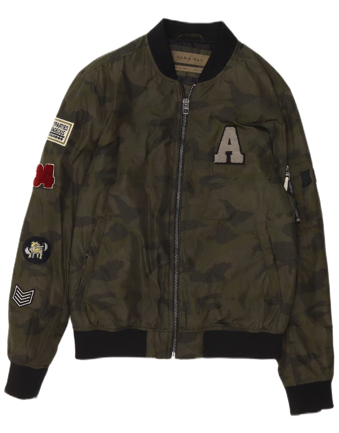 Zara Mens Graphic Bomber Jacket UK 40 Grande Poliéster Verde Camuflado