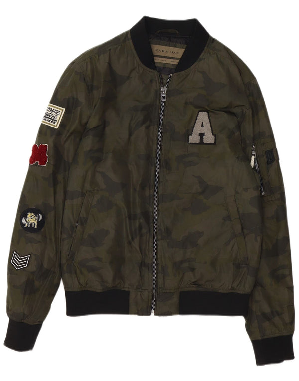 Zara Mens Graphic Bomber Jacket UK 40 Grande Poliéster Verde Camuflado