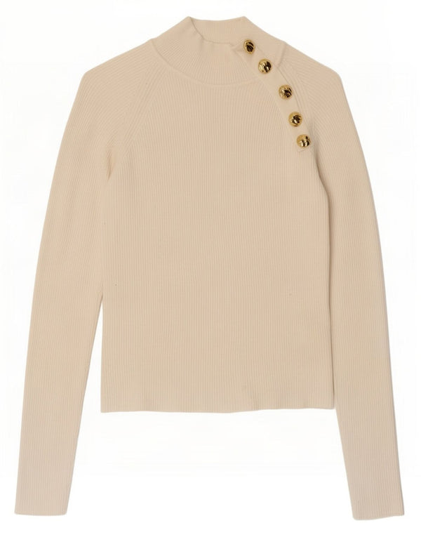 Top feminino Zara manga comprida UK 12 médio off white viscose