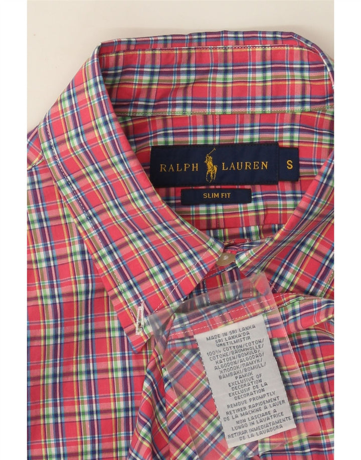 Ralph Lauren Camisa masculina slim fit pequena de algodão xadrez vermelho