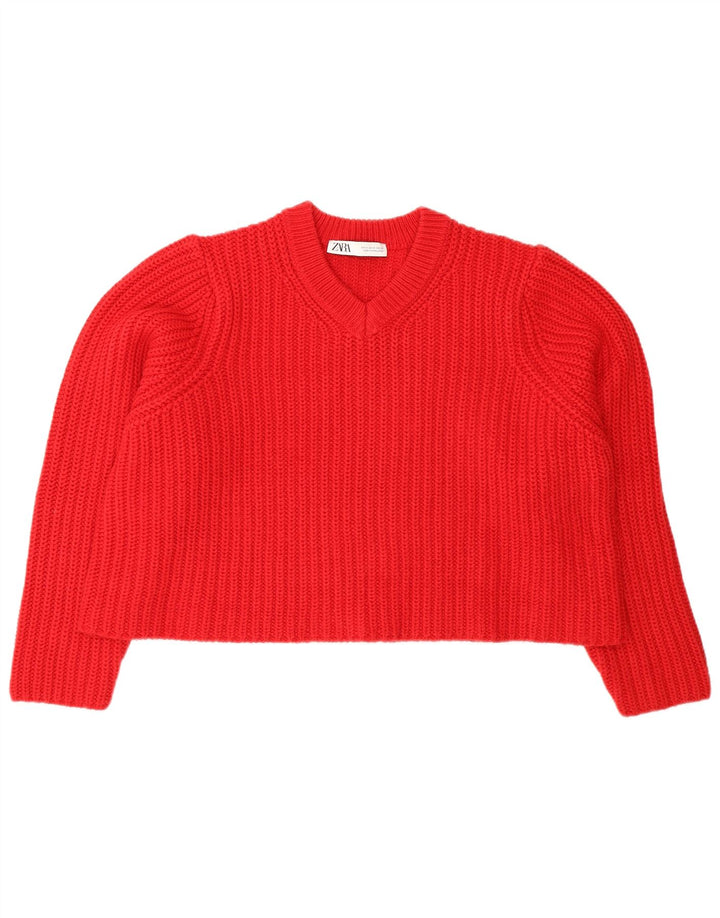 Suéter feminino Zara com decote em V superdimensionado Reino Unido 14 médio vermelho