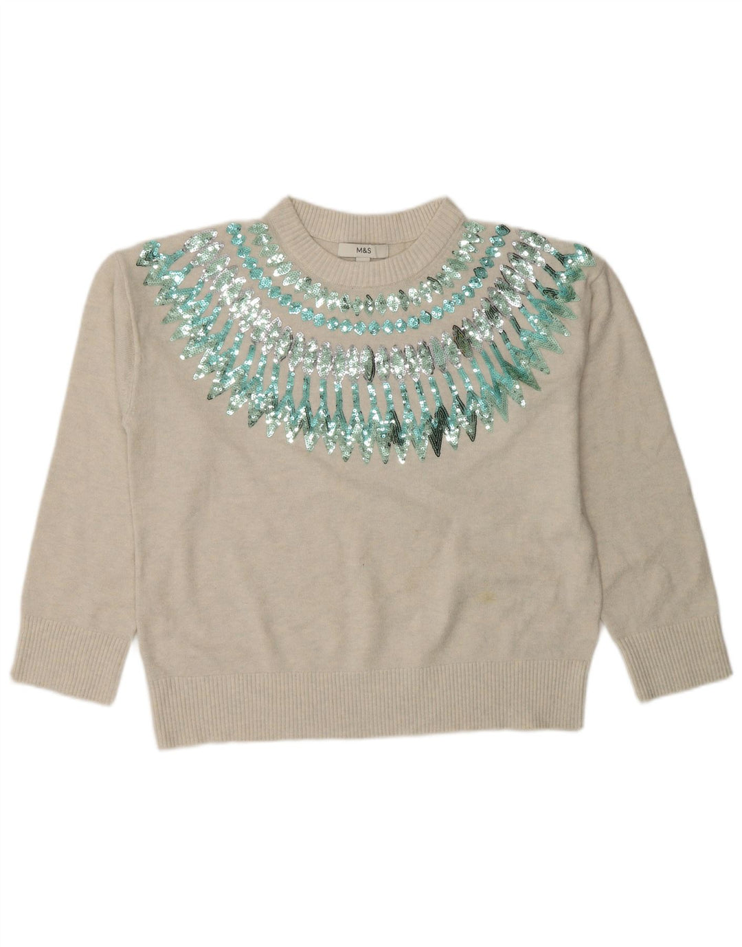 Suéter feminino Marks & Spencer com gola redonda Reino Unido 14 médio bege