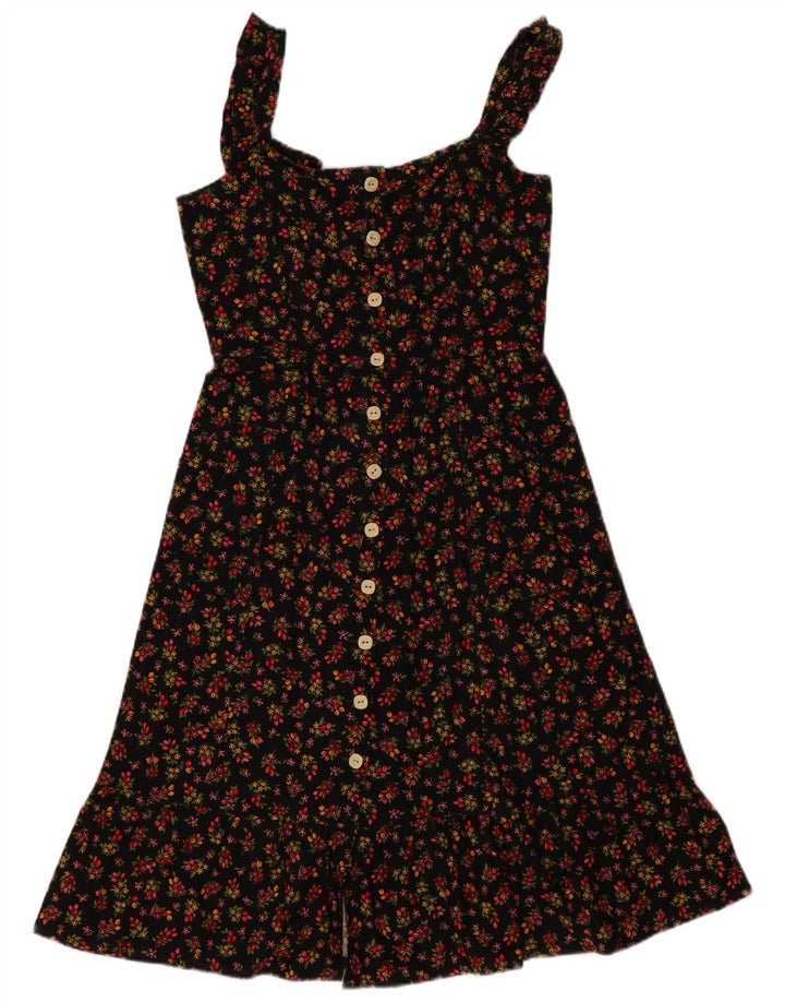 Vestido de verão feminino vintage Reino Unido 12 médio preto floral