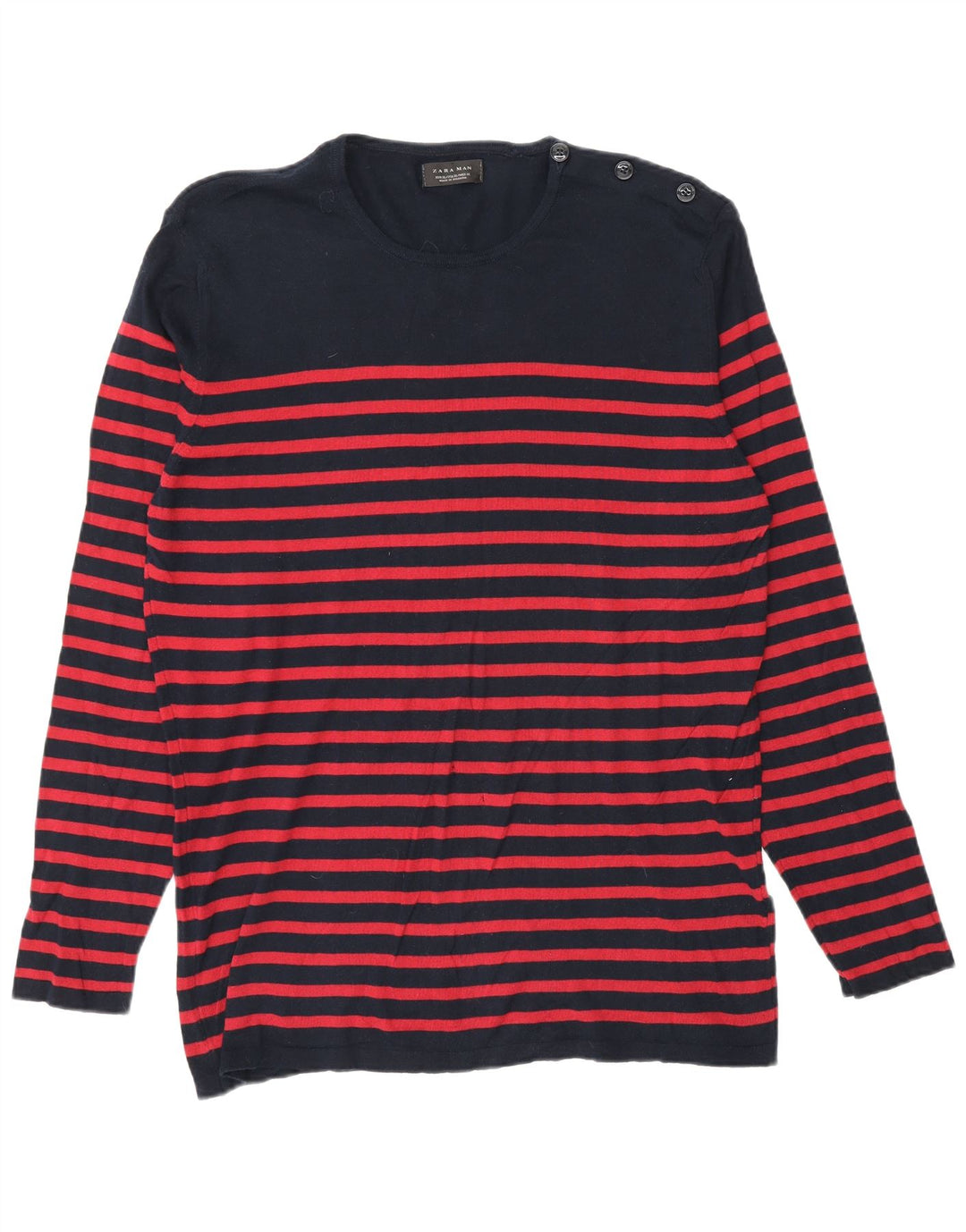 Zara Suéter masculino com gola redonda XL listrado azul marinho