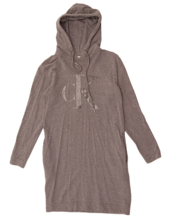 Vestido feminino Calvin Klein Jeans com capuz gráfico UK 6 XS algodão manchado cinza