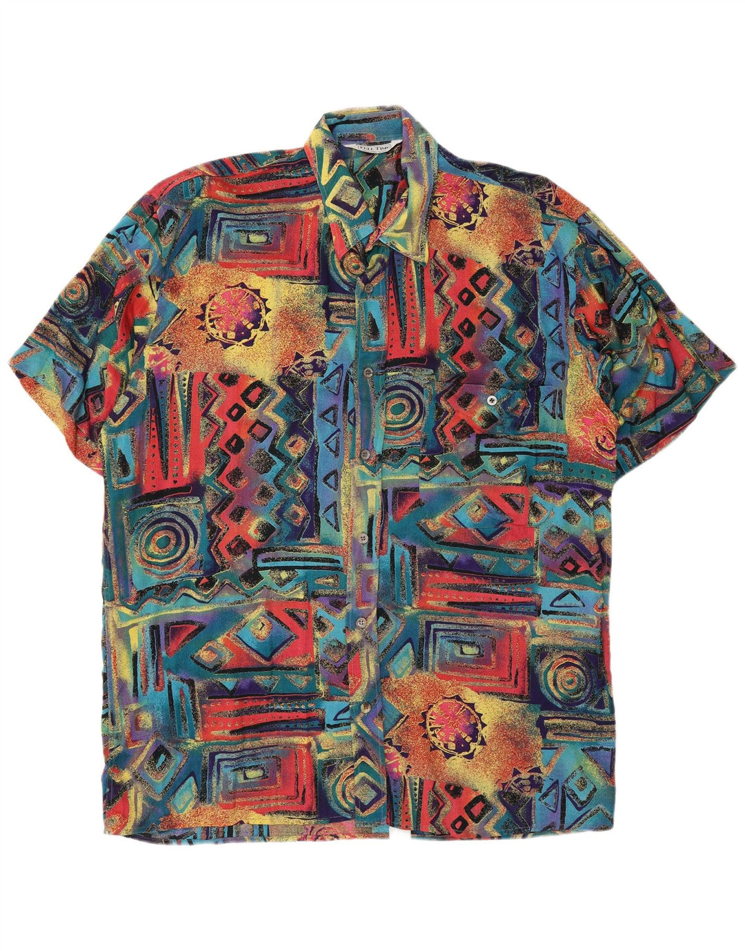 Camisa masculina vintage de manga curta grande geométrica multicolorida