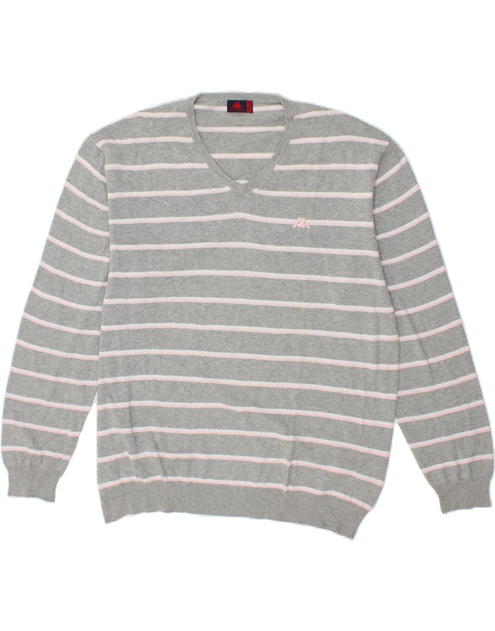KAPPA Womens V-Neck Jumper Sweater UK 22 3XL Grey Striped Cotton Vintage Kappa and Second-Hand Kappa from Messina Hembry 