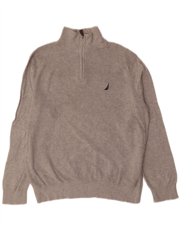 Suéter masculino Nautica com zíper e gola grande de algodão cinza