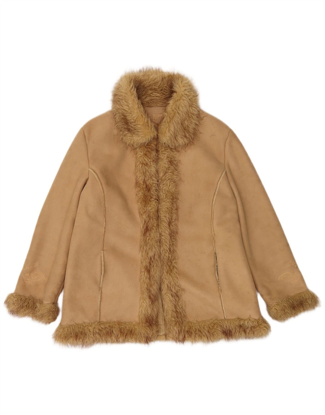 Jaqueta Sherpa aberta feminina vintage Reino Unido 14 poliéster bege grande