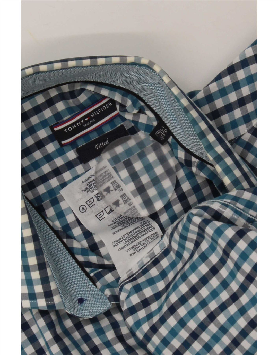 Tommy Hilfiger camisa masculina sob medida tamanho 39 15 1/2 médio azul guingão