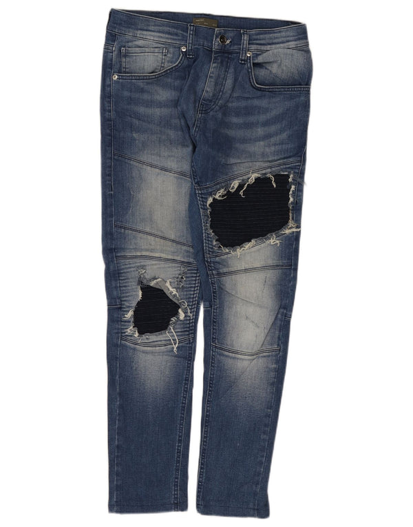 Zara Mens Distressed Slim Jeans EU 40 Médio W31 L28 Azul Colourblock