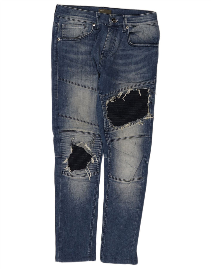 Zara Mens Distressed Slim Jeans EU 40 Médio W31 L28 Azul Colourblock