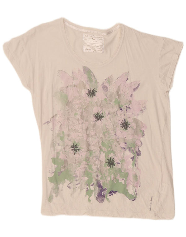 Camiseta feminina Calvin Klein Jeans com estampa gráfica UK 14 médio branco floral