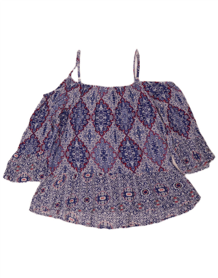 Marks & Spencer Top feminino índigo sem ombro Reino Unido 14 grande azul floral