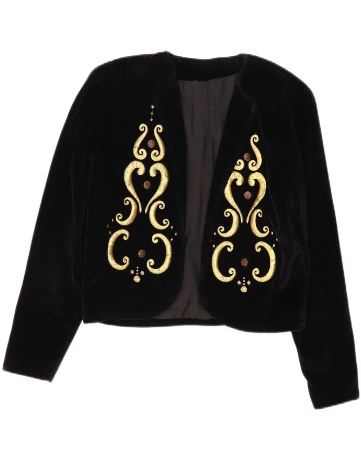 Jaqueta Bolero Feminina Vintage de Veludo Aberta Reino Unido 14 Médio Preto