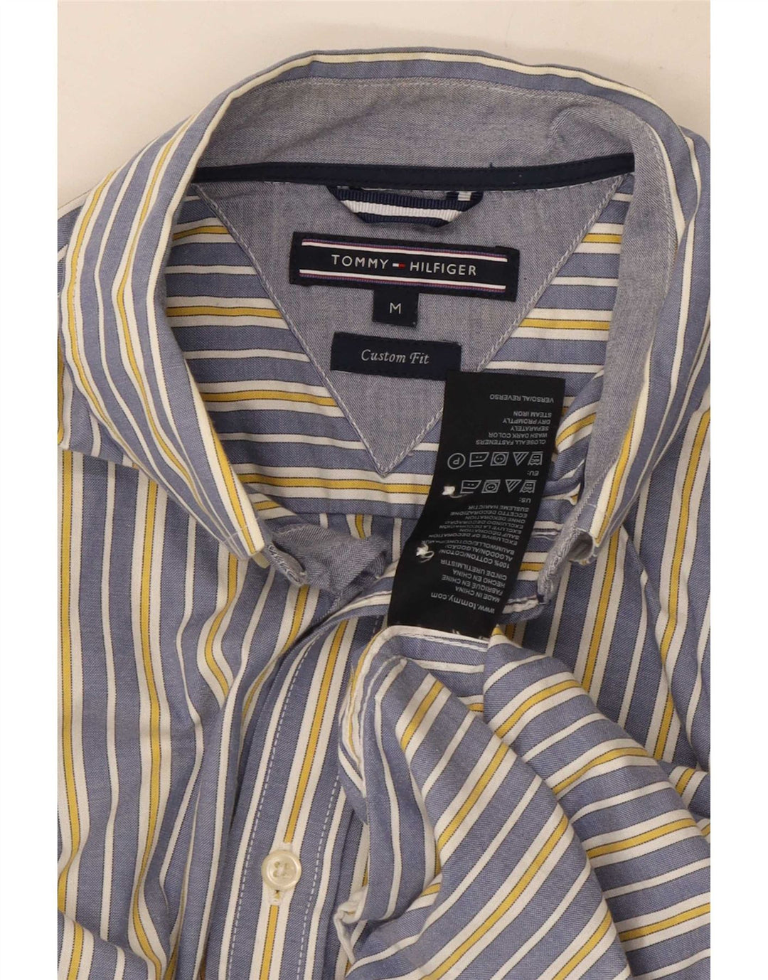 Camisa masculina Tommy Hilfiger Custom Fit de algodão listrado azul médio