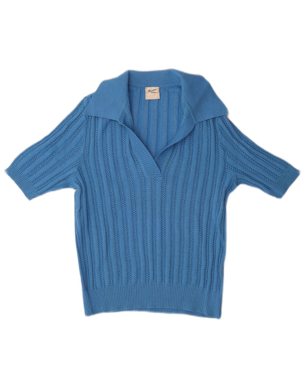 Suéter feminino vintage de manga curta com gola polo IT 40 lã azul pequena