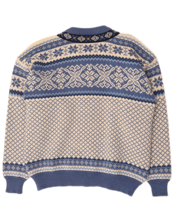 Suéter cardigã masculino vintage médio azul Fair Isle