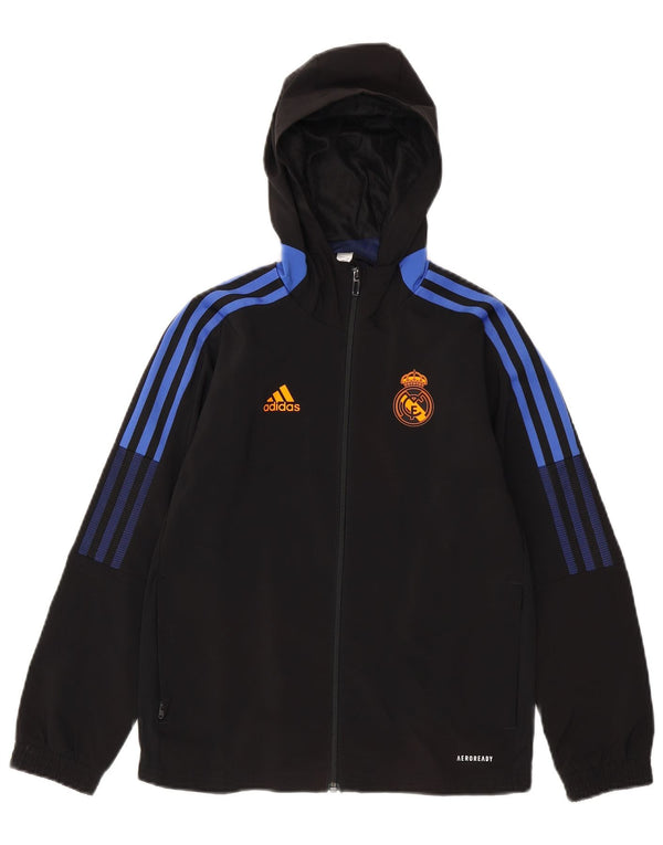 ADIDAS Boys Real Madrid Hooded Tracksuit Top Jacket 9-10 Years Preto