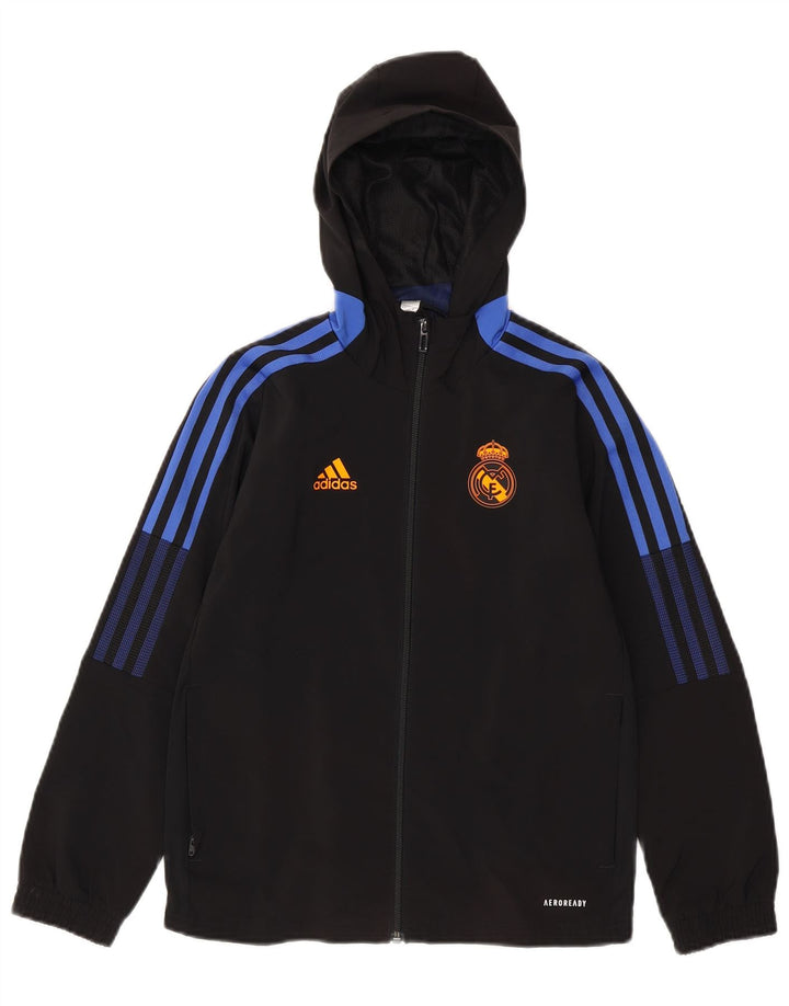 ADIDAS Boys Real Madrid Hooded Tracksuit Top Jacket 9-10 Years Preto