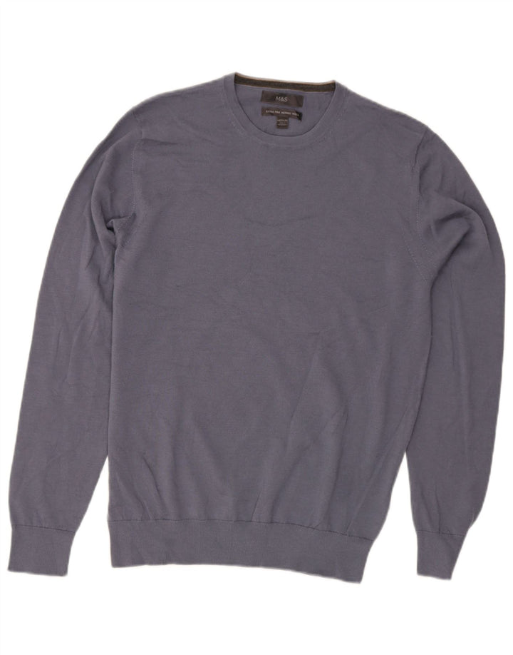 Suéter masculino Marks & Spencer com gola redonda de lã azul médio