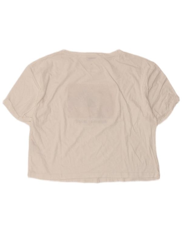 Zara Womens Crop Graphic T-Shirt Top Reino Unido 16 Grande Algodão Branco