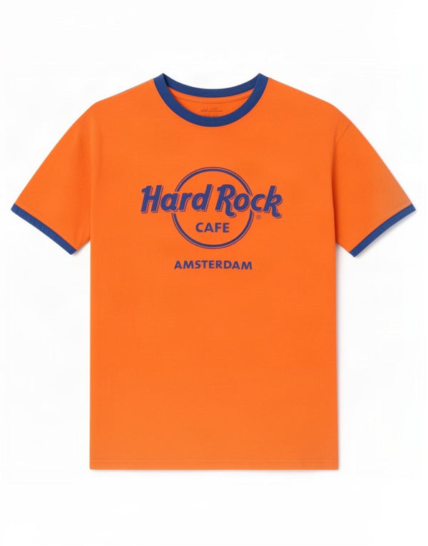 Hard Rock Cafe Mens Amsterdam Graphic T-Shirt Top Medium Orange Cotton