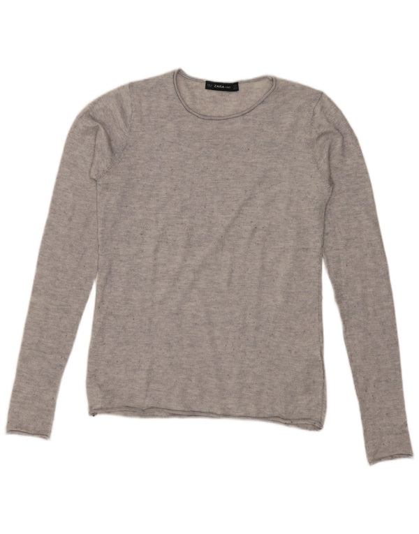 Suéter feminino Zara com gola redonda UK 10 pequeno cinza manchado modal
