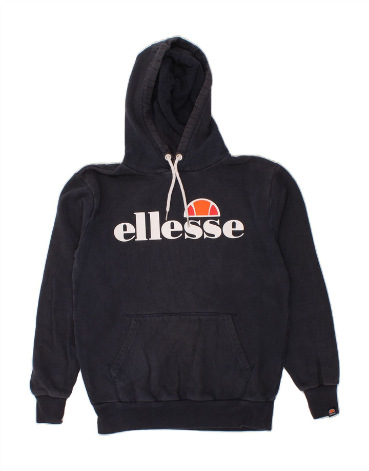ELLESSE Mens Graphic Hoodie Jumper Small Navy Blue Cotton Vintage Ellesse and Second-Hand Ellesse from Messina Hembry 