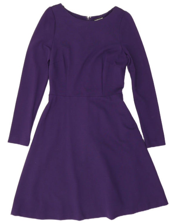 Vestido feminino Warehouse manga comprida evasê Reino Unido 10 pequeno roxo viscose