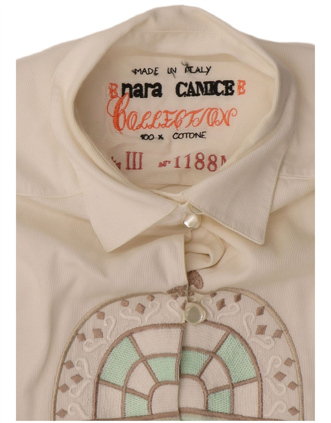 Camisa gráfica feminina Enara Camice UK 14 algodão branco médio