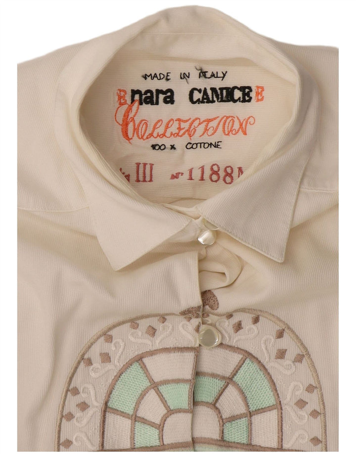 Camisa gráfica feminina Enara Camice UK 14 algodão branco médio