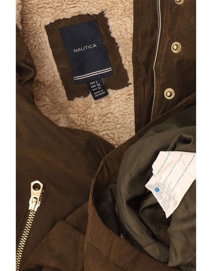 Jaqueta feminina Sherpa Parka Nautica Reino Unido 16 grande poliéster cáqui