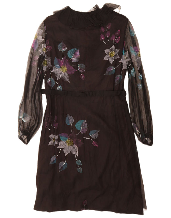 Vestido feminino vintage de manga comprida UK 12 médio preto floral
