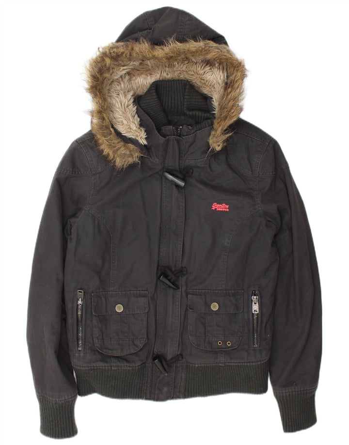 Jaqueta bomber com capuz feminina Superdry UK 16 grande algodão cinza