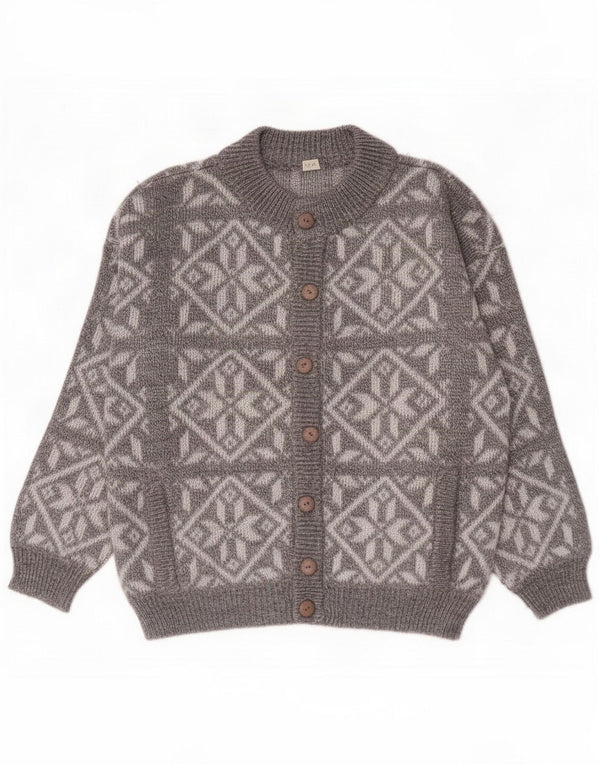 Suéter cardigã masculino solto vintage pequeno cinza Fair Isle Wool