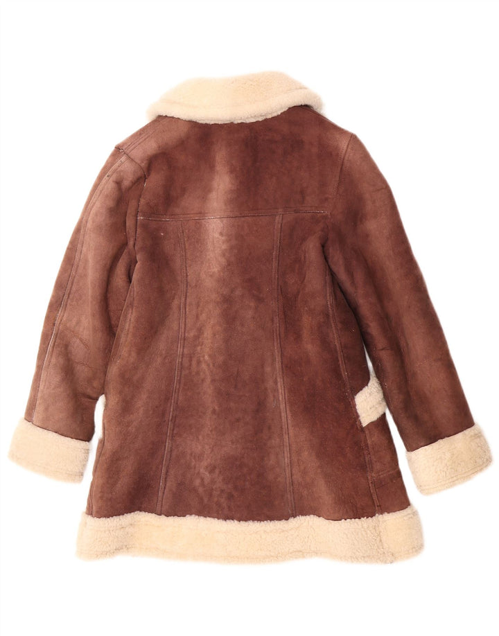 Casaco feminino vintage de shearling UK 10 pequeno bloco colorido marrom