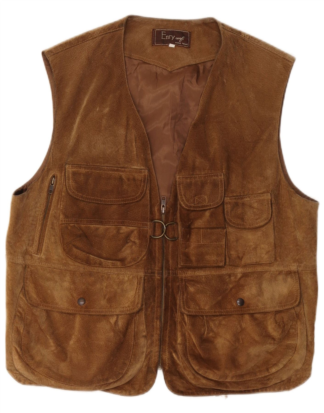 Colete utilitário de camurça masculino vintage Reino Unido 38 couro marrom médio