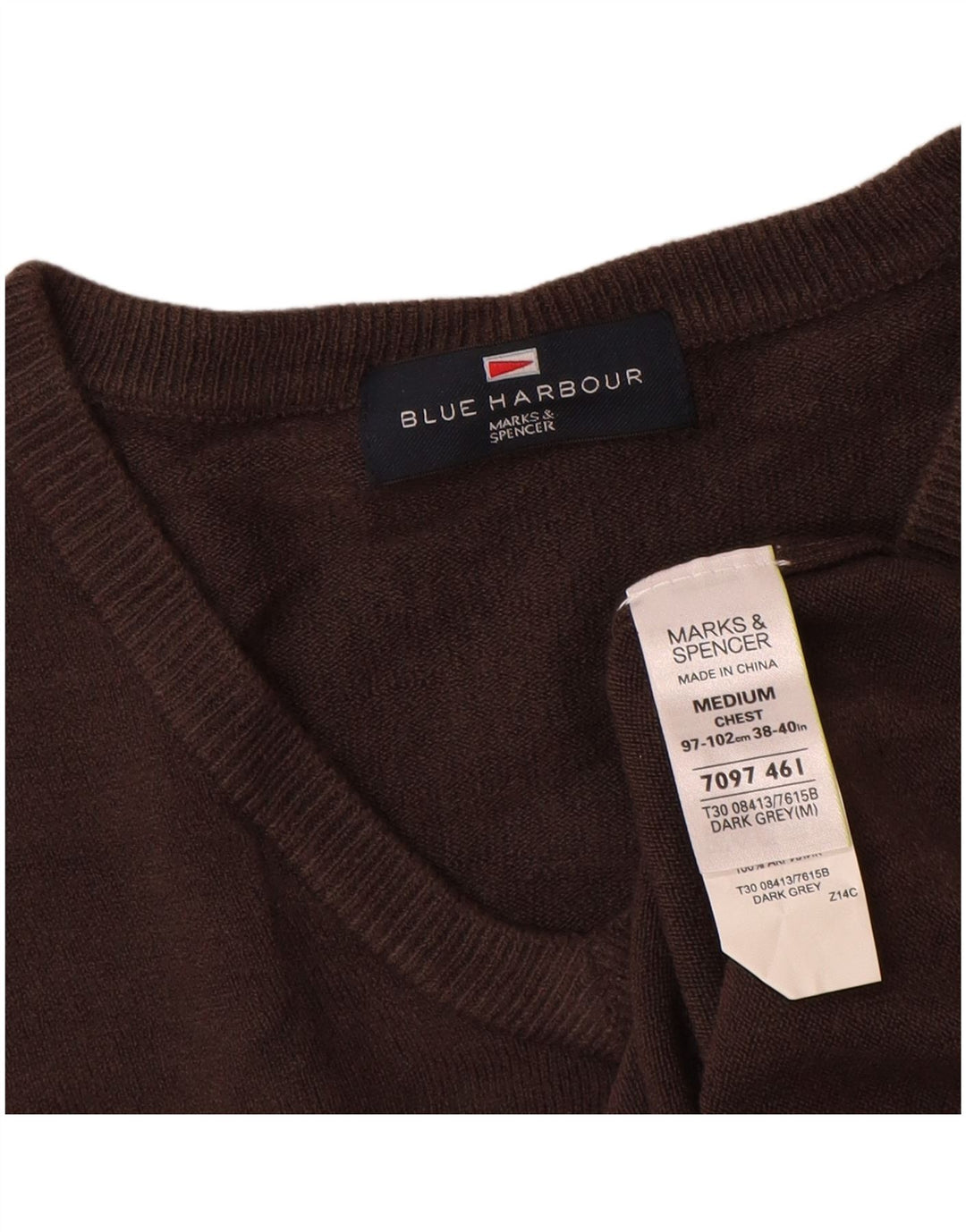 Suéter masculino Marks & Spencer Blue Harbor com decote em V cinza médio acrílico