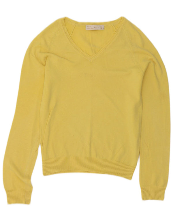 Zara Womens V-Neck Jumper Sweater UK 12 Medium Yellow Cotton