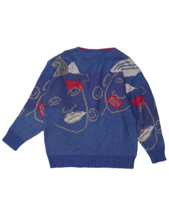 Suéter feminino VINTAGE com decote em V gráfico Reino Unido 16 grande azul