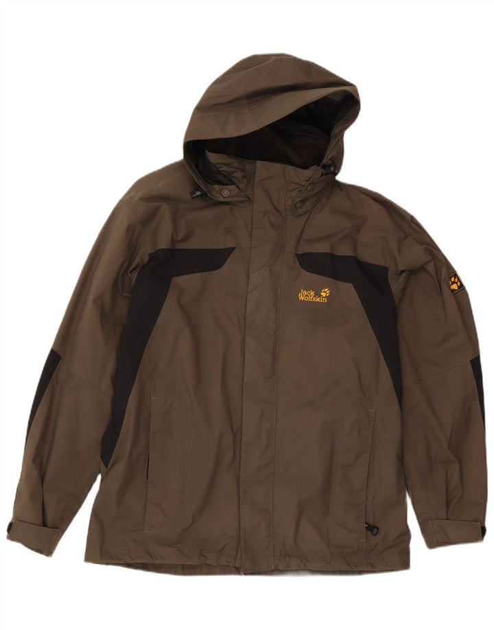 Jaqueta de chuva masculina Jack Wolfskin com capuz UK 36/38 Medium Khaki Colourblock
